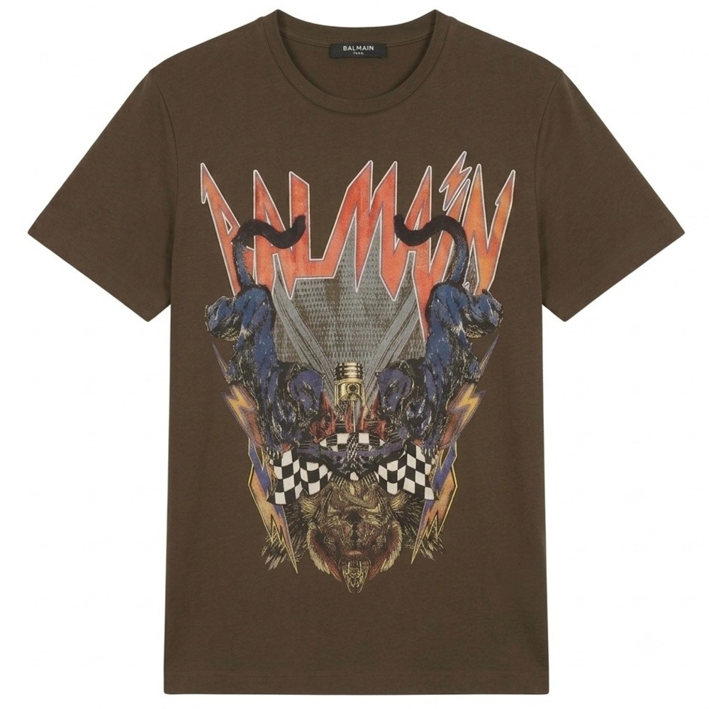 Balmain T-Shirt Mens Small Brown Panther Racing Print Designer Graphic Tee